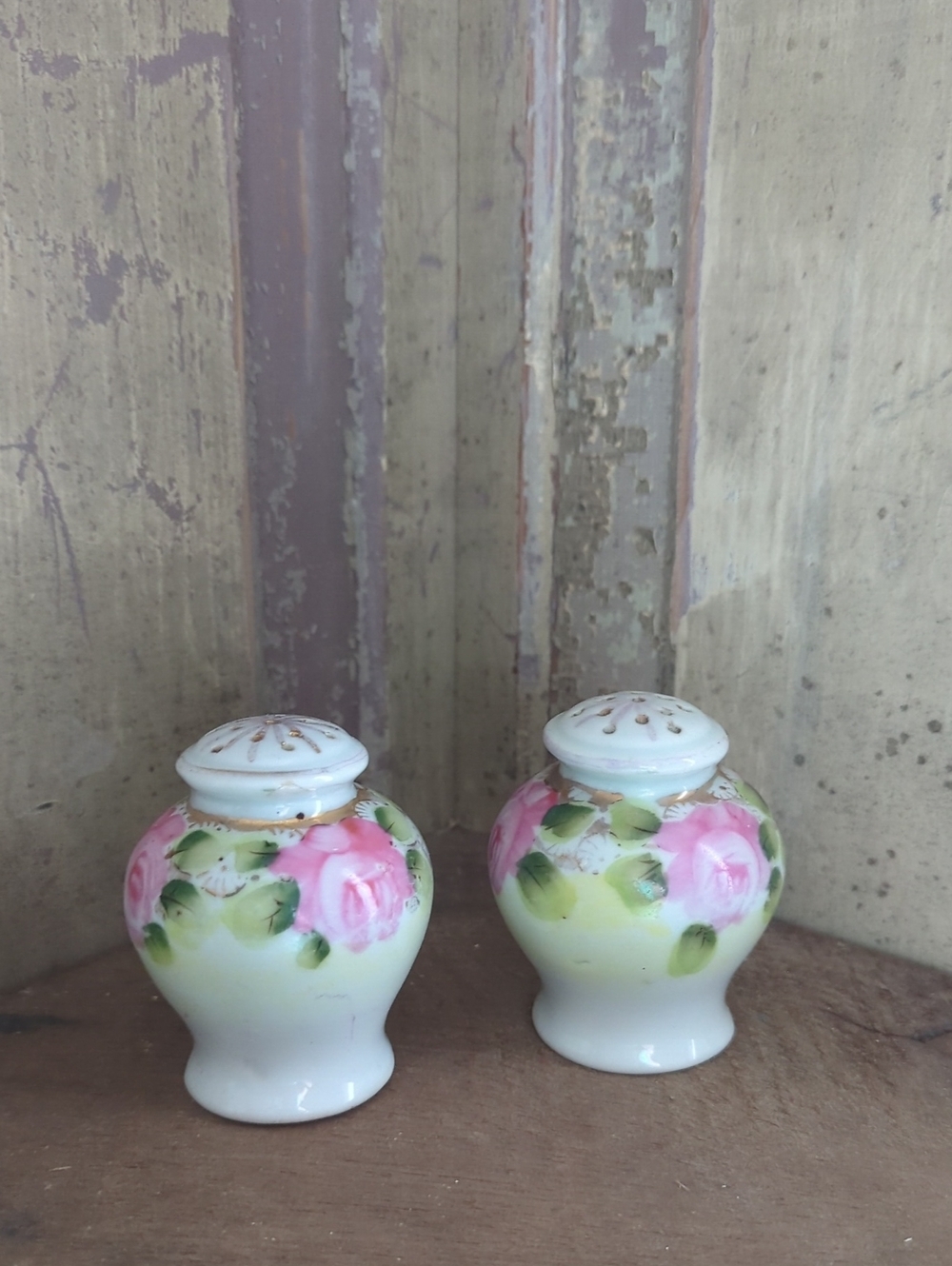 Hand-Painted Pink Rose Porcelain Salt and Pepper Shakers - Floral Home Accent